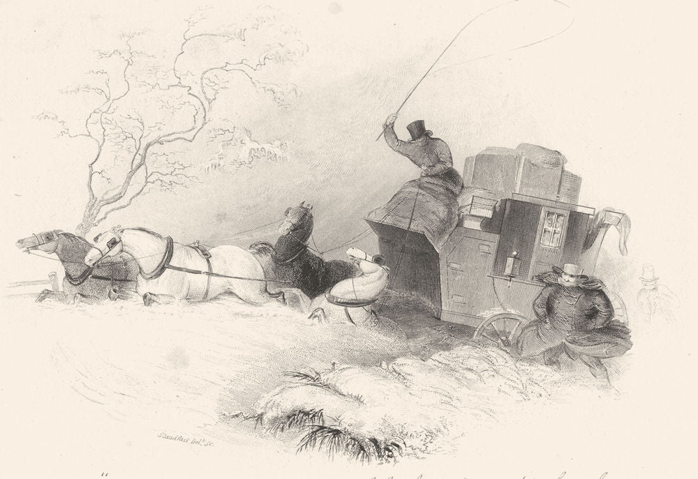 COACHES. Coaching. Coach stuck in snow. Steel engraving.  1841 old print